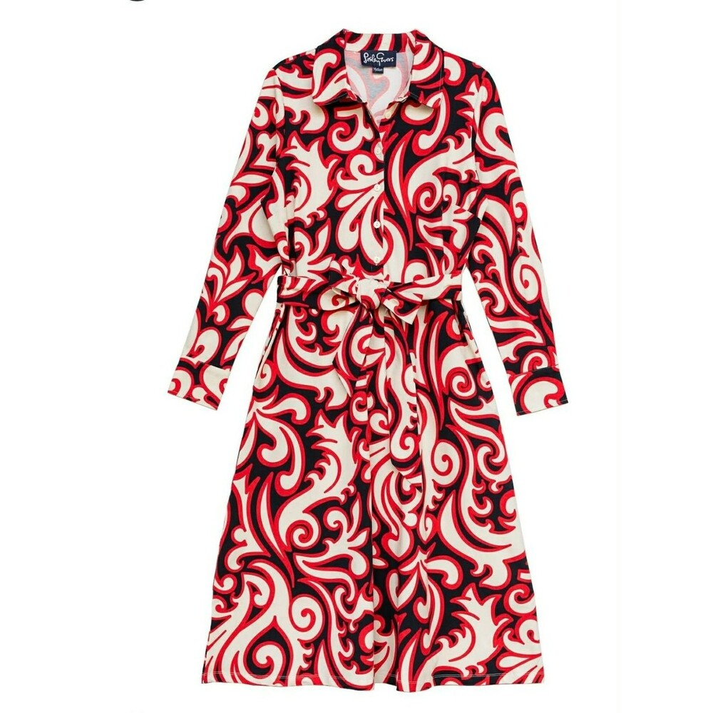 Lesley Evers Women's Red Black White Delia Midi Filigree Shirt Dress Cotton XS